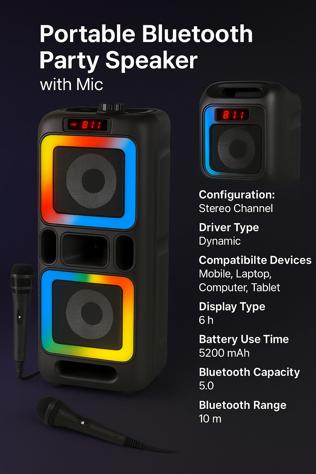 Neovud Boombox 3500 Wireless Mic, RGB Lightning 90 W Bluetooth Party Speaker 28HRS Battery (Black, Stereo Channel)