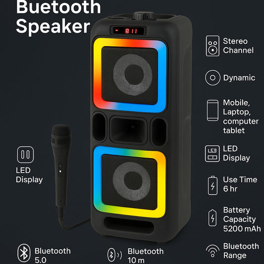 Neovud Boombox 3500 Wireless Mic, RGB Lightning 90 W Bluetooth Party Speaker 28HRS Battery (Black, Stereo Channel)